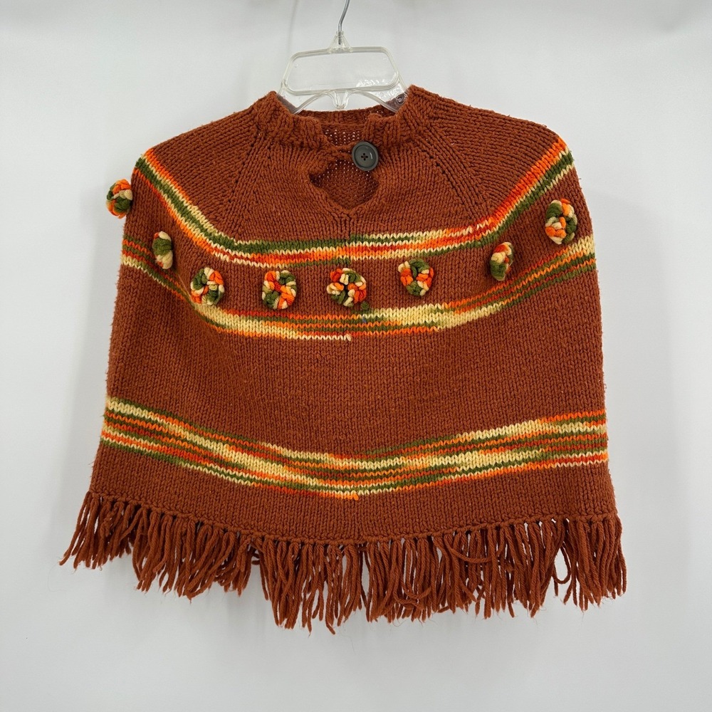Vintage Handmade Kids Knit Poncho Colorful Fringe Pom Pom 70s Folk Retro